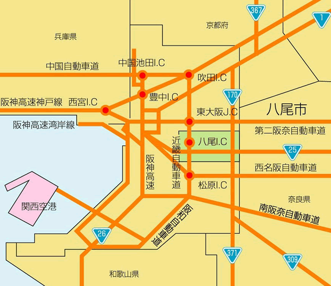 八尾市の主要高速道路線マップ